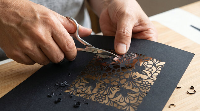 Hands cutting intricate Scherenschnitte paper art on wooden table  