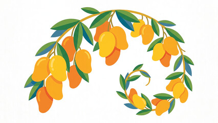 Mango Tree Branch with Fresh Fruit Clusters on White Background