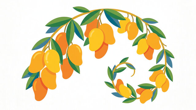 Mango Tree Branch with Fresh Fruit Clusters on White Background
