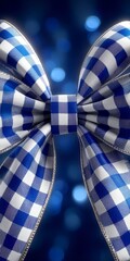 Obraz premium Elegant royal blue and white gingham fabric bow isolated on dark blue background with soft bokeh sparkles for festive celebration and gift wrapping concepts