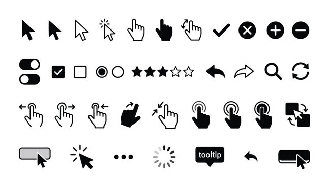 Mouse cursor and hand gesture icons set, UI UX interface elements collection, touch screen signs, click, swipe, pinch, drag, toggle switch, checkbox, radio button, star rating, search, refresh, undo