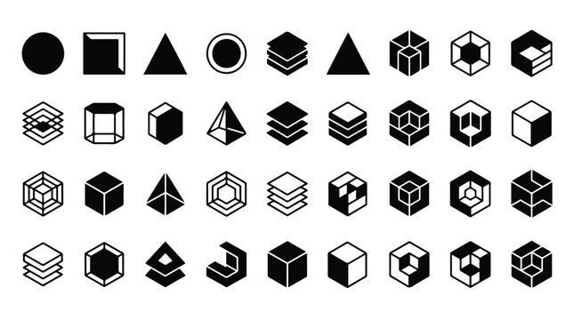 Geometric icon set, abstract 3D shapes collection, black and white logo elements, cube, hexagon, triangle, circle, square, layered graphics, isometric design symbols, tech architecture app logos.