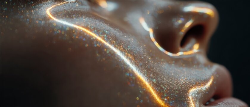Extreme close up of human face skin with shimmering gold liquid trails flowing over pores and texture in dark dramatic studio light for luxury beauty