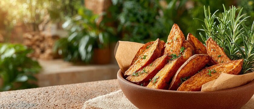 Bowl of crispy golden potato wedges seasoned with herbs and rosemary served in a rustic ceramic bowl with a warm outdoor garden background