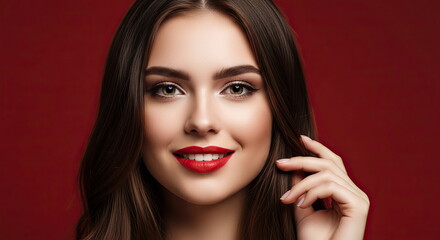 Fototapeta premium Portrait of a beautiful, smiling woman looking at the camera against a solid color background.
