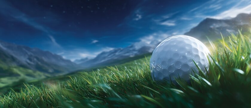 White golf ball resting in lush green grass on meadow with majestic snowy mountain peaks in background under clear blue night sky with stars
