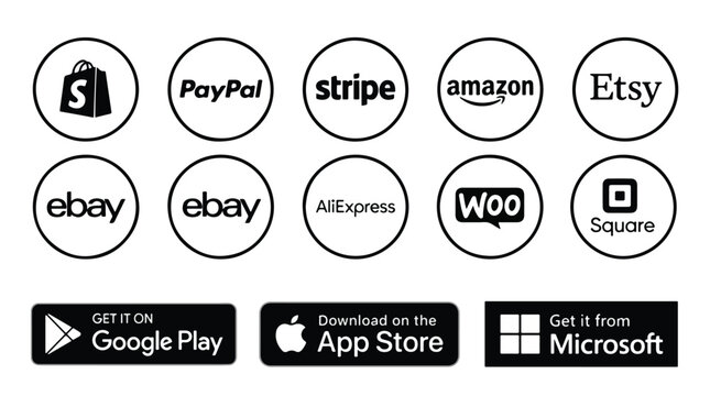 E-commerce and payment icons set, Shopify, PayPal, Stripe, Amazon, Etsy, eBay, AliExpress, WooCommerce, Square logos. Download on the App Store, Google Play, and Microsoft Store buttons - vector