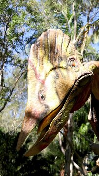 Detailed Pterodactyl Dinosaur Statue with Crested Head in Outdoor Park