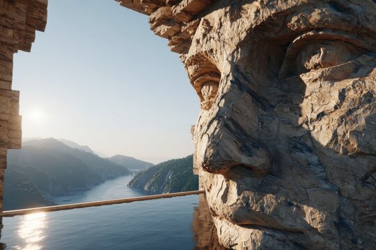 Massive stone statue head looking out over infinity pool towards distant mountain range during golden hour sunset landscape architectural 3D visualization