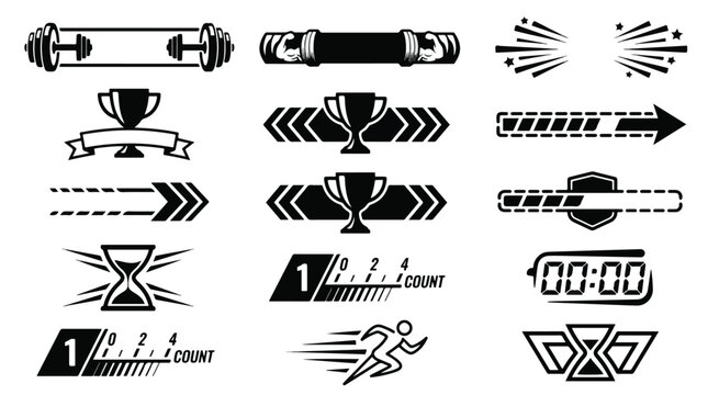 Fitness and sports icon set, gym workout symbols, trophy awards, progress bars, hourglass timers, digital clock, running man silhouette, barbell weightlifting icons, gamification UI design elements.