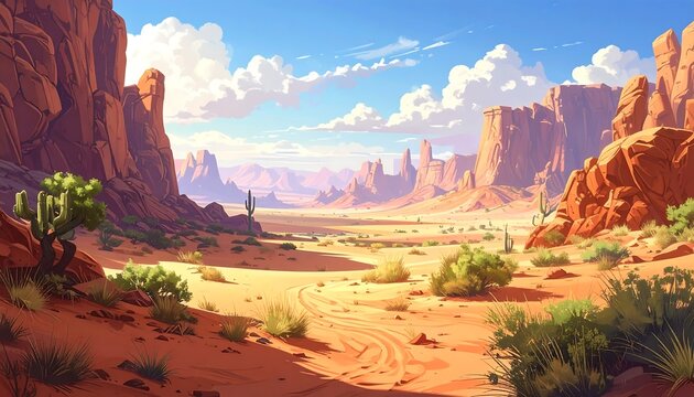 Animated vista of a sun-drenched canyon with layered rock formations, cacti, desert landscape, and fluffy clouds