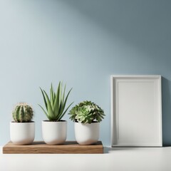 Fototapeta premium Minimalist indoor succulent plants on wooden shelf with empty frame backdrop
