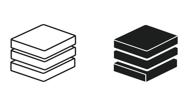 Black and white line art stack of square boxes icon set isolated on white background