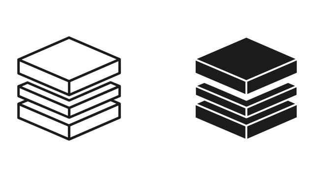 Black and white line art stack of square boxes icon set on white background