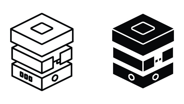 Black and white line icons of server stacks with various designs on a pure white background