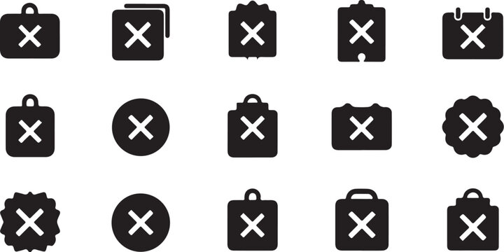 Black and white delete icons set, 15 vector symbols, cross marks