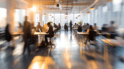 Dynamic Workspace: Blurring the boundaries between movement and productivity, the image captures a vibrant and bustling office environment where employees are engaged in their daily tasks.
