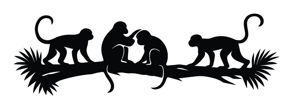 Monkeys on a Branch Silhouette Vector, four black monkey figures grooming and resting on a tropical tree branch, jungle animal illustration for nature and wildlife designs