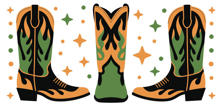 Western cowboy boots flat illustration set, three decorative designs with flame patterns and stars for country fashion style vector artwork