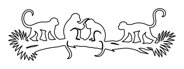 Minimalist monkey line art illustration, four playful primates on a tree branch, simple black and white animal vector graphic, nature-inspired design element for children's books or jungle themes © Shanza