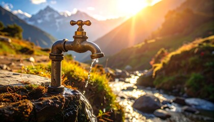 Fototapeta premium Antique brass faucet streams water into a flowing river against a mountainous backdrop. Golden sun illuminates the scene