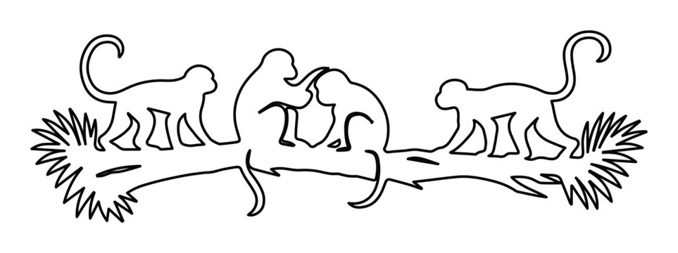 Minimalist monkey line art illustration, four playful primates on a tree branch, simple black and white animal vector graphic, nature-inspired design element for children's books or jungle themes