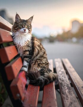 Cat sits on a park bench looking away at sunset, blurry background