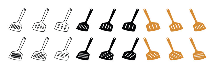 Kitchen spatula icon set, 18 cooking turner vector elements. Minimalist flipper symbols for culinary apps. Black, white, and orange kitchenware graphics. © Farzana