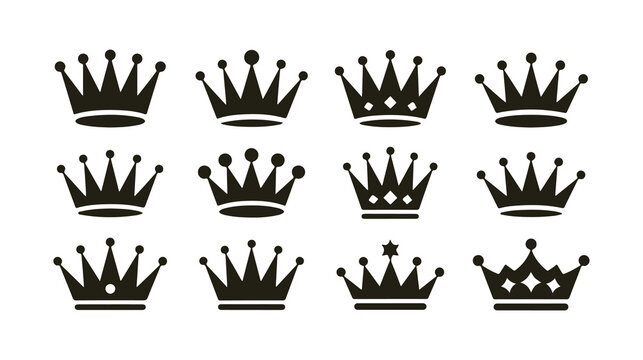 Minimal crown icons featuring various pointed tips and circle details for simple logo design.