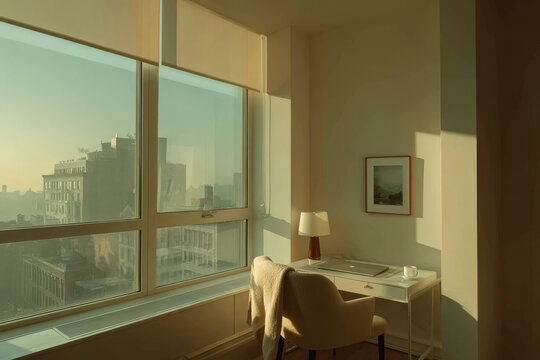 capture minimalist smart home with large where morning light floods modern office space