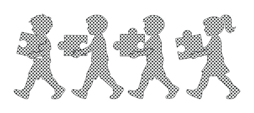 Minimalist children silhouettes carrying puzzle pieces, group of kids with jigsaw elements vector, collaborative teamwork and early childhood education concept