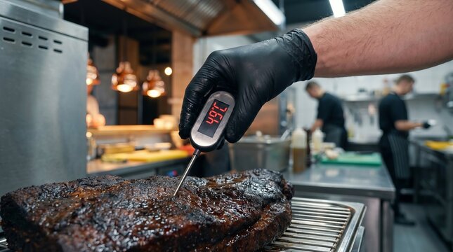 Male chef hand checking smoked meat temperature using digital thermometer showing 49&deg;C, food safety concept