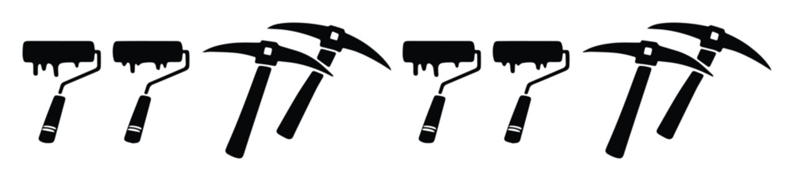 Industrial work tools vector set, black silhouette paint rollers and pickaxes, construction and mining equipment icons for hardware store branding