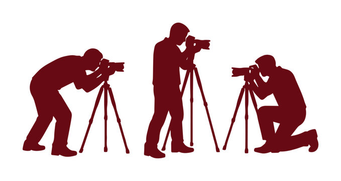 Professional photographer silhouettes, dark red vector illustration set, capturing moments with cameras on tripods, ideal for photography studio branding and creative projects.