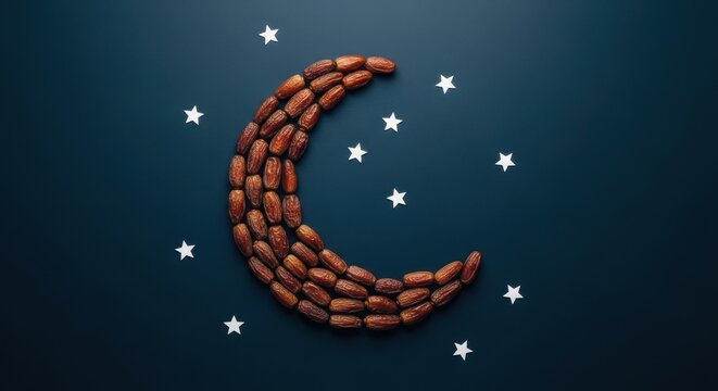 A creative arrangement of dates in a crescent moon shape on a dark background