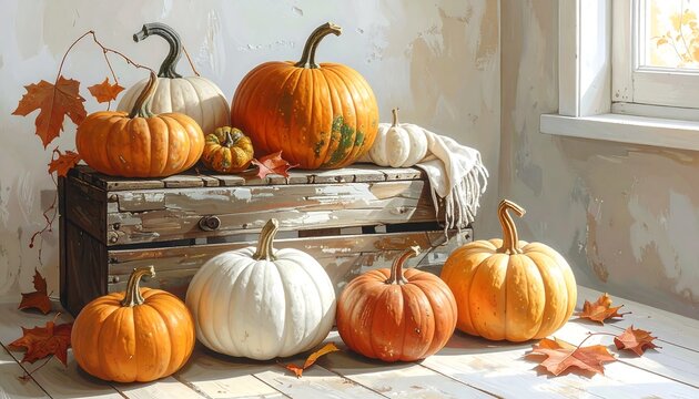 Autumnal still life pumpkins of various sizes, with leaves on a rustic wooden box and floor, illuminated by soft light