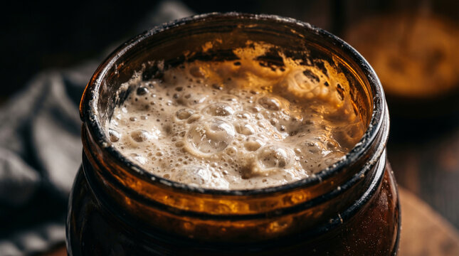 Bubbling active sourdough starter fermenting inside a rustic amber glass jar