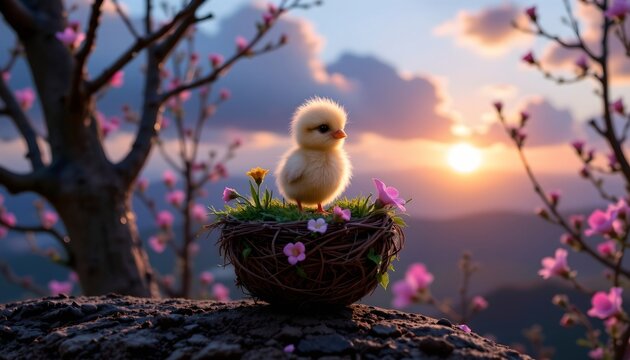 Charming Baby Chick Floral Nest Dreamy Sunset Scene