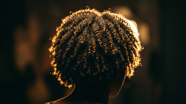 Close-up of coily natural hair with golden rim lighting from behind