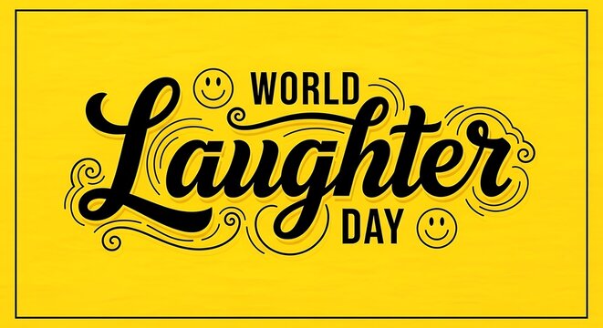 World laughter day bold typography with smiling faces and decorative swirls laughter celebration happiness positive greeting typography calligraphy background