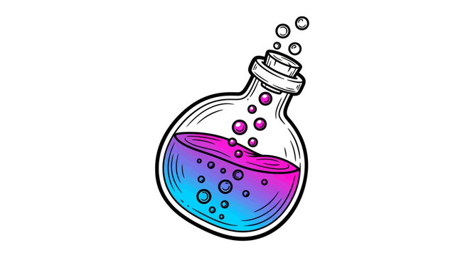 Fantasy potion bottle with glowing liquid and rising bubbles, magical illustration design