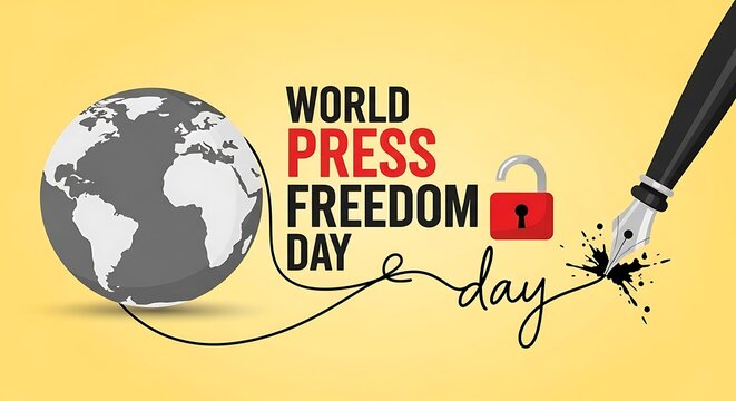 World press freedom day concept with globe pen lock on yellow background fountain pen security journalism communication information celebration typography