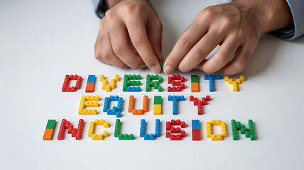 Naklejka premium Hands arranging colorful blocks spelling diversity equity inclusion symbolizing financial stability and economic growth