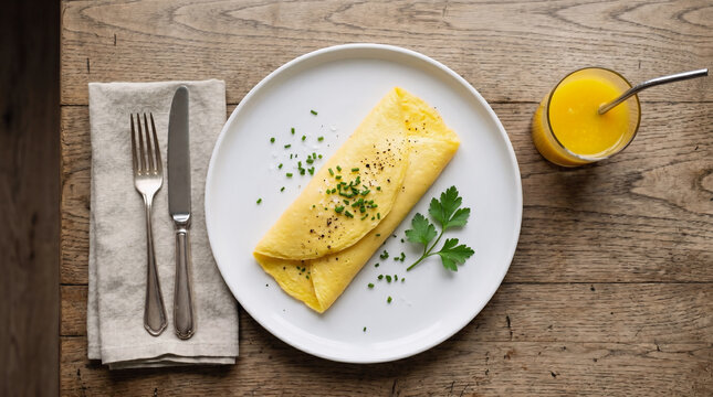 French Rolled Omelet with Fresh Herb on White Round Plate Served with Orange Juice