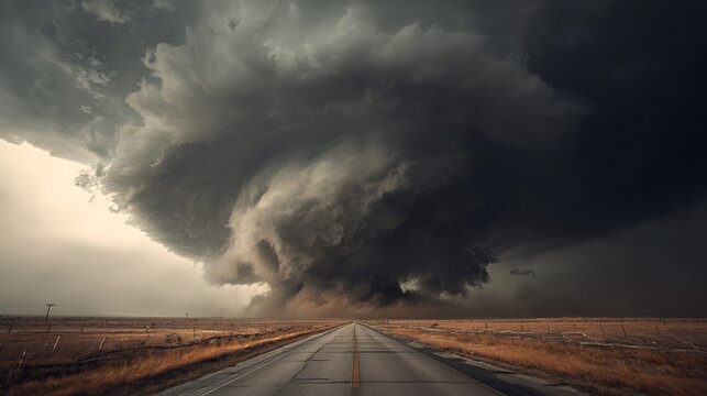 Dramatic Tornado Approaching on a Desert Highway.