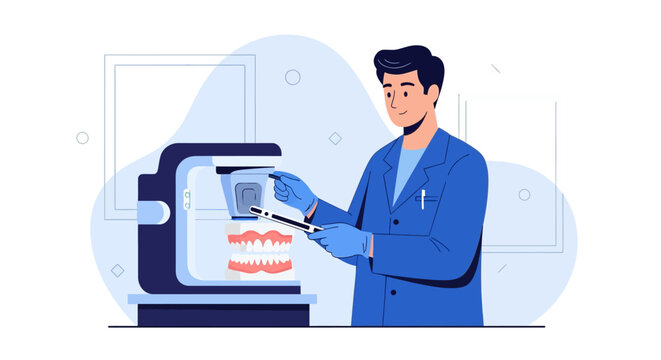 Dentist operating dental milling machine with artificial teeth model