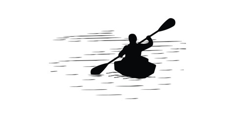A striking black and white silhouette depicts a person kayaking on rippling water, evoking a sense of tranquility and outdoor adventure. The image is minimalist. © Md. Latif Mamun