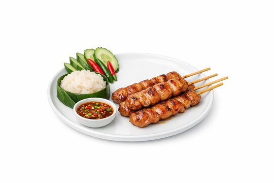 Authentic Thai grilled pork skewers with sticky rice, spicy dipping sauce, and fresh cucumber on a white plate. Traditional Asian street food concept.