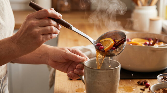 Person ladling hot punch into mug with citrus and spices in kitchen  