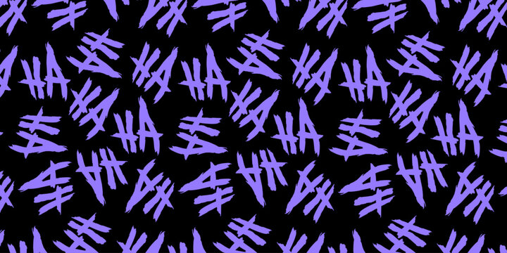Purple Joker laughing text pattern on black background. Aggressive gritty "HA HA" font for Halloween and comic designs. Vector Illustration